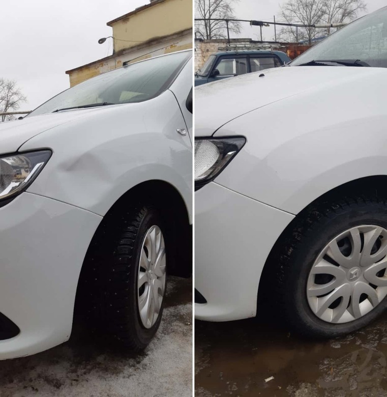 Фото до удаления вмятины и после